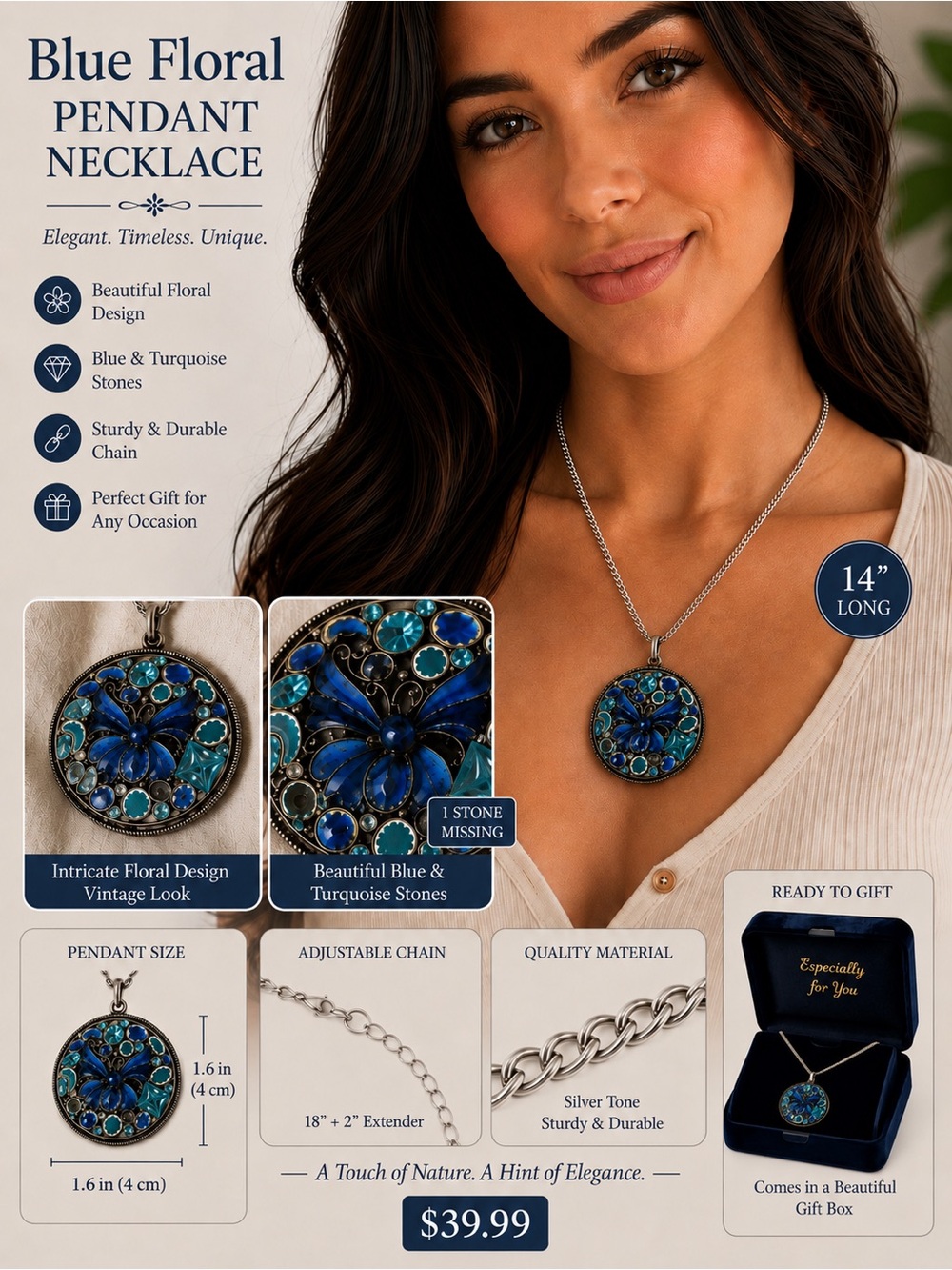 Vintage Blue Floral Pendant Necklace with Turquoise Stones-1stone missing